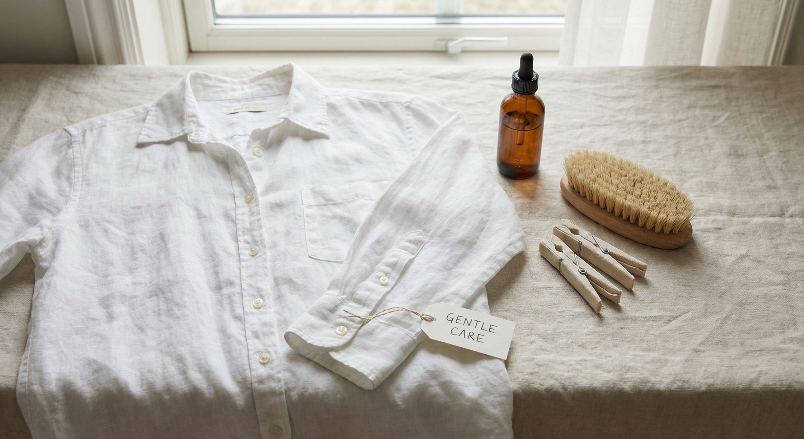 Clean fabric laid flat on soft linen, calm laundry aesthetic