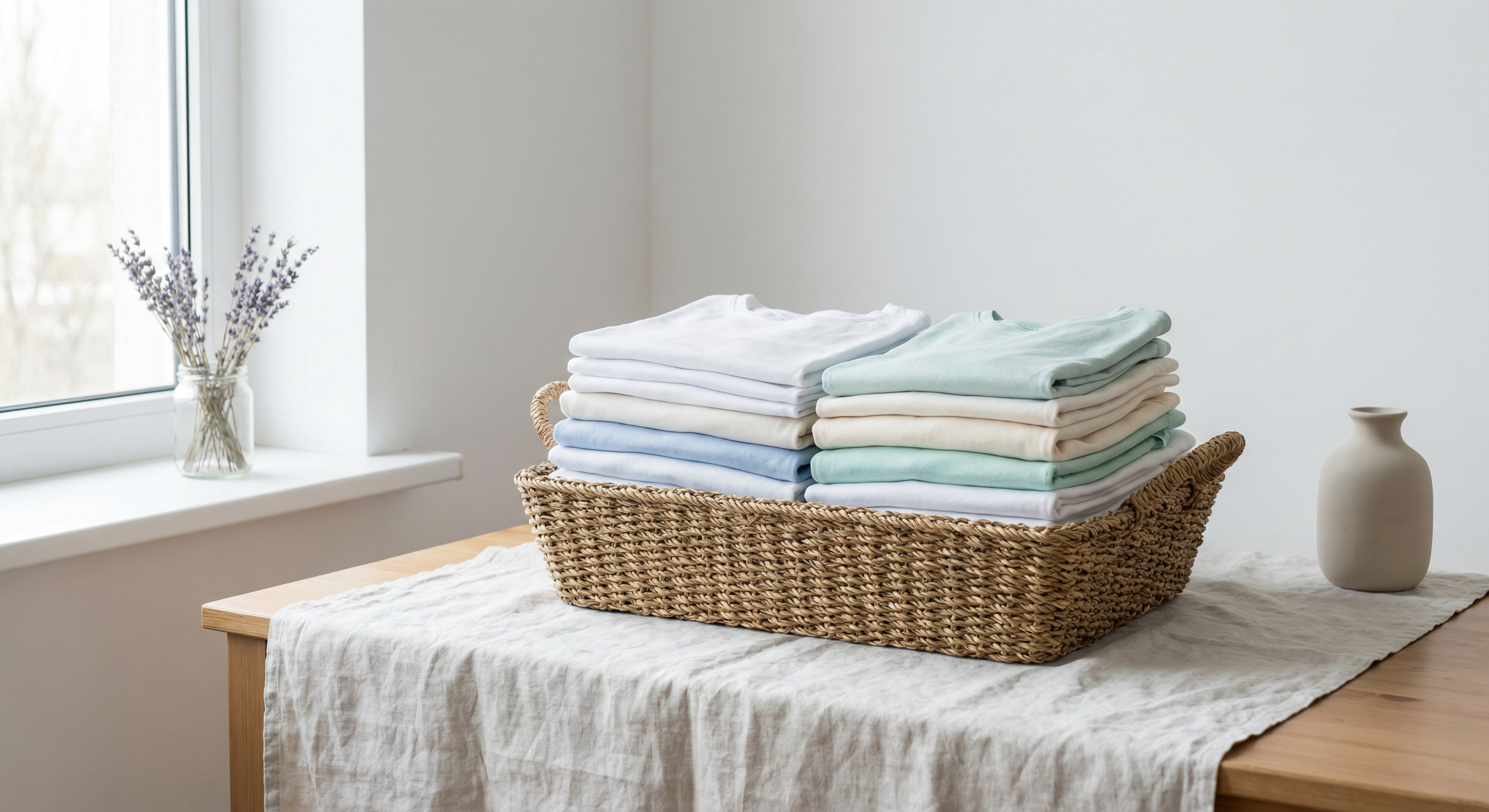 Fresh folded laundry in a basket, soft daylight, calm aesthetic