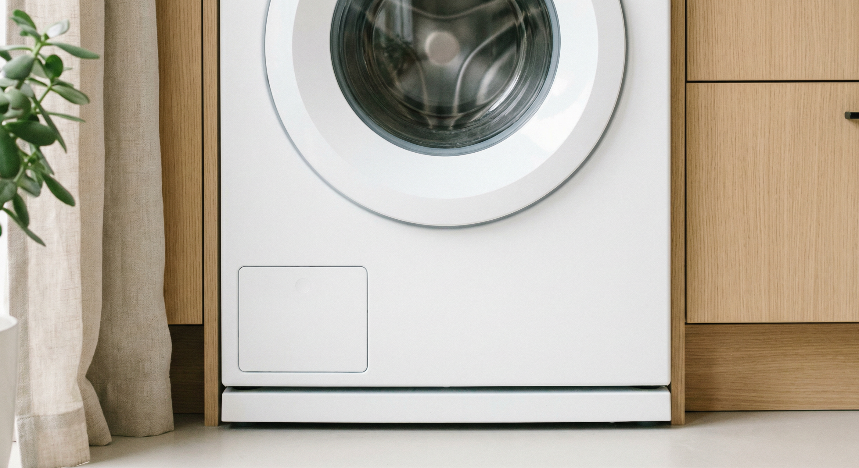 Front view of a modern front-load washing machine, calm laundry aesthetic
