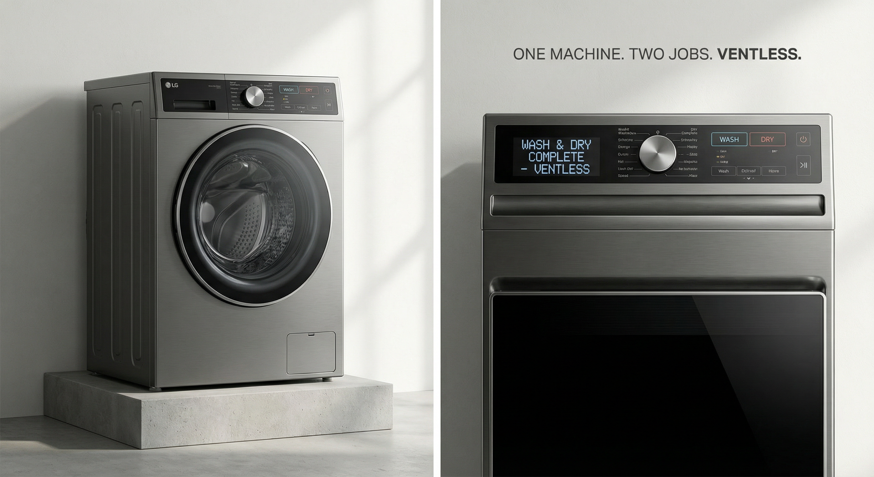 Single all-in-one heat pump washer dryer combo appliance, front-loading, no vent hose, control panel with wash and dry cycles visible—one machine that washes and dries