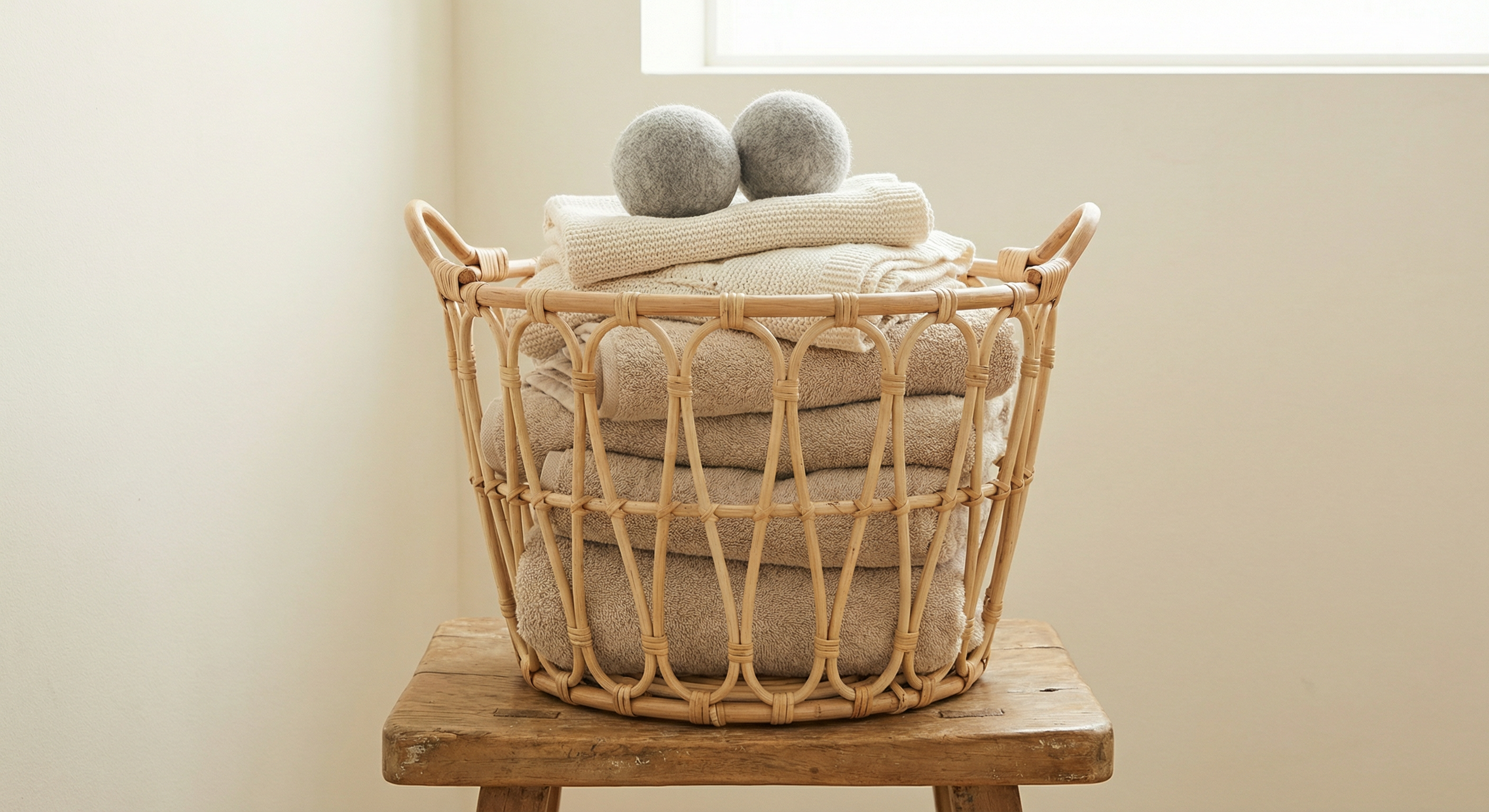 Laundry basket with folded items and wool dryer balls, soft daylight