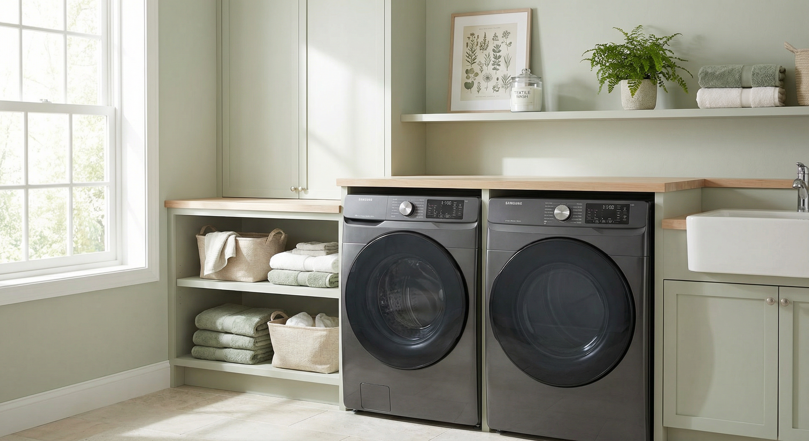Modern washer and dryer in a calm, bright laundry room, soft linen aesthetic