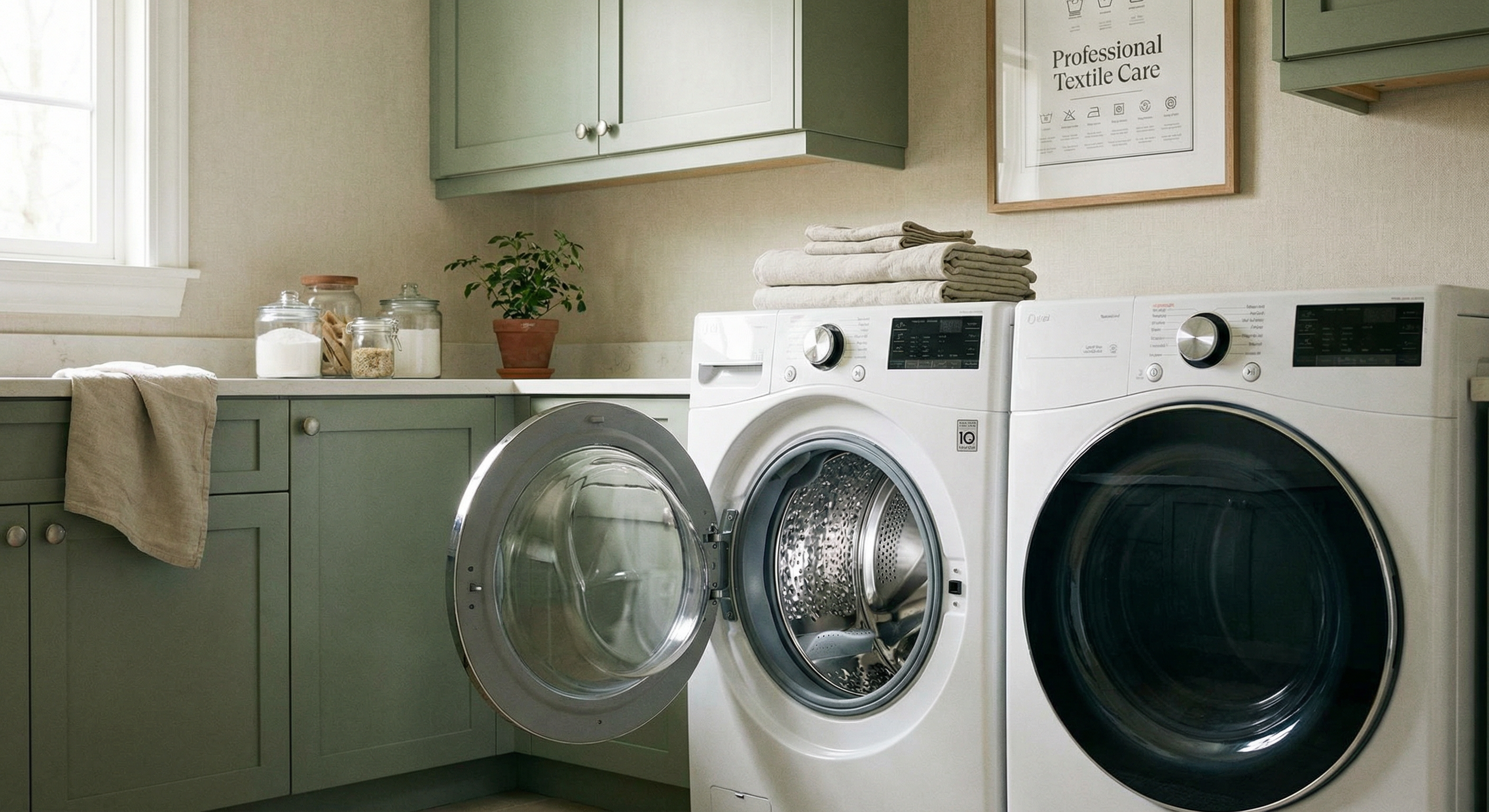 Clean, well-maintained washer and dryer in a bright laundry room