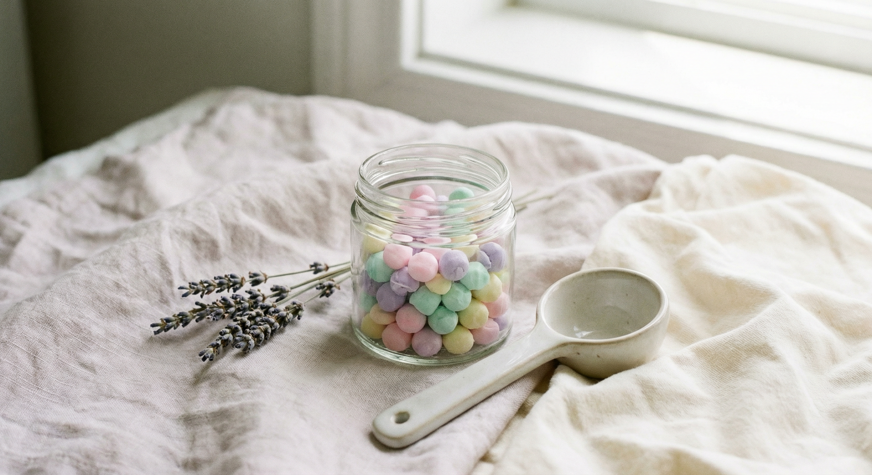 Scent booster beads in a jar on soft pale linen, calm laundry aesthetic