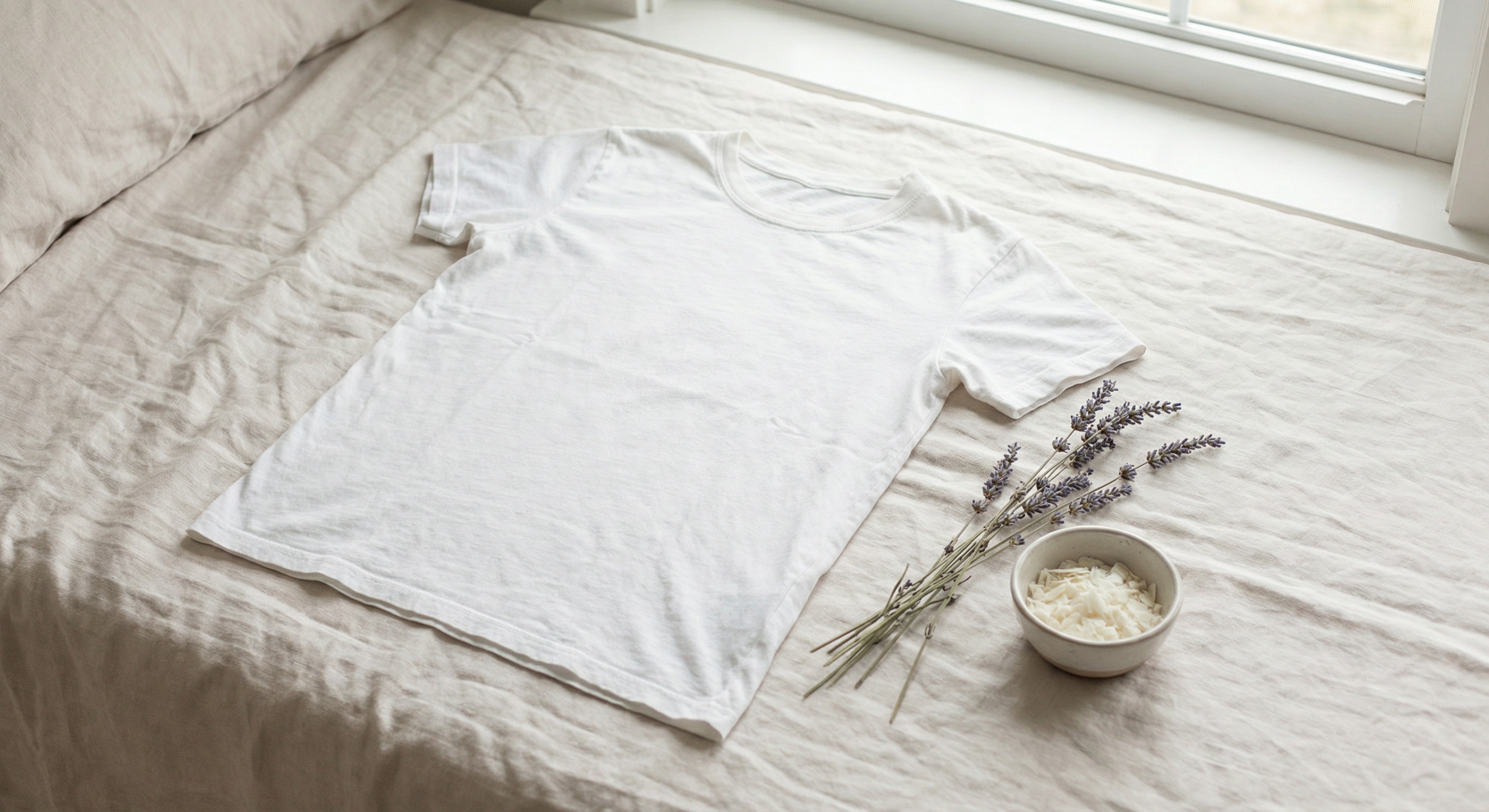 Clean cotton towel or tee on soft linen, calm laundry aesthetic