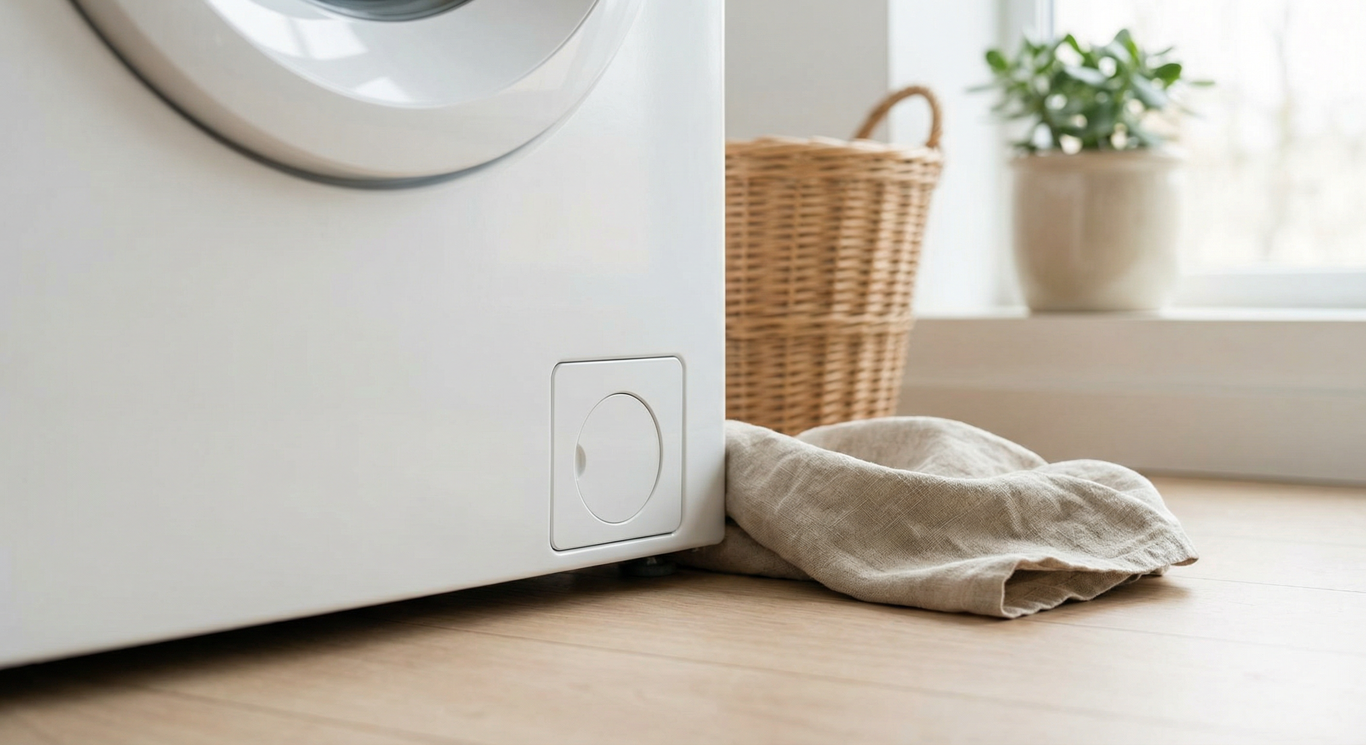 Small access panel at bottom front of washer, where drain filter often lives