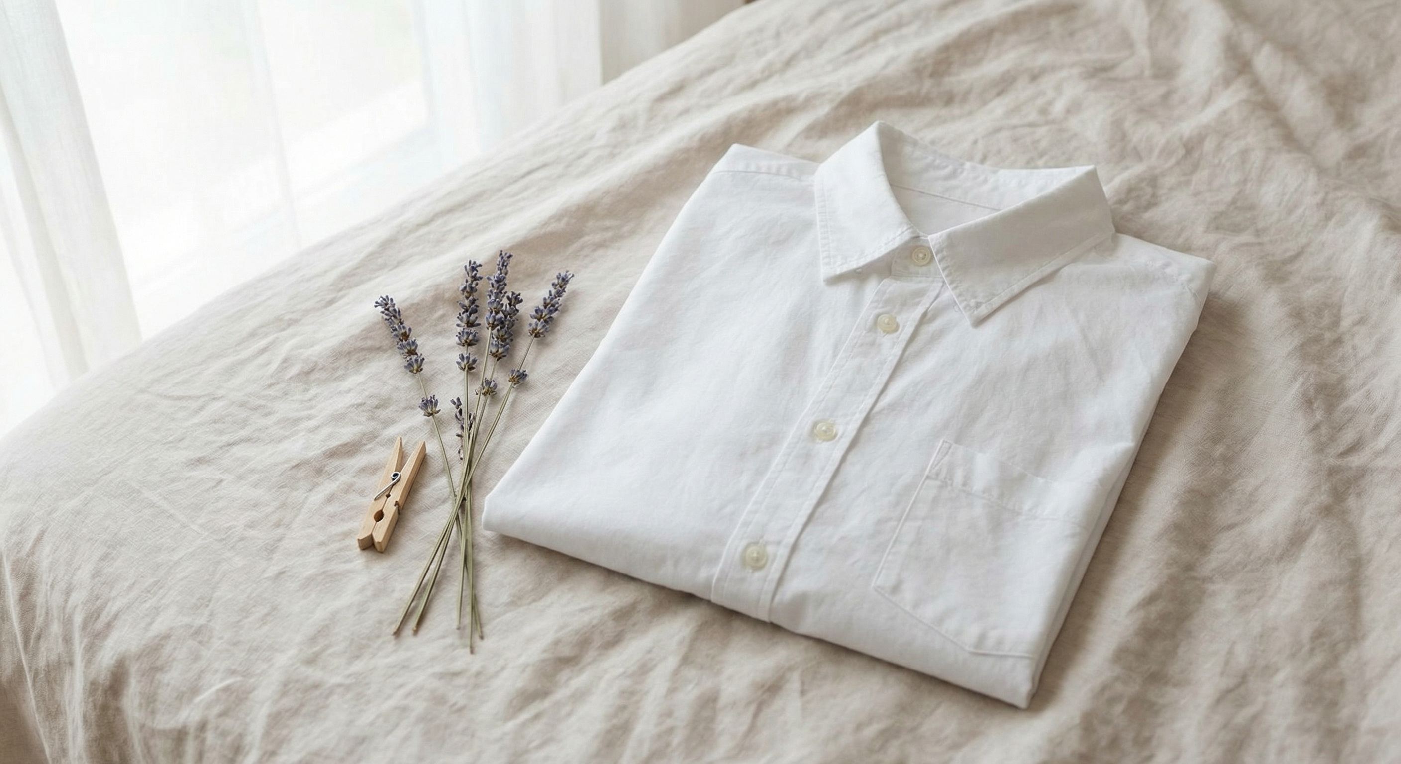 Clean white shirt laid flat on soft linen, fresh and well cared for