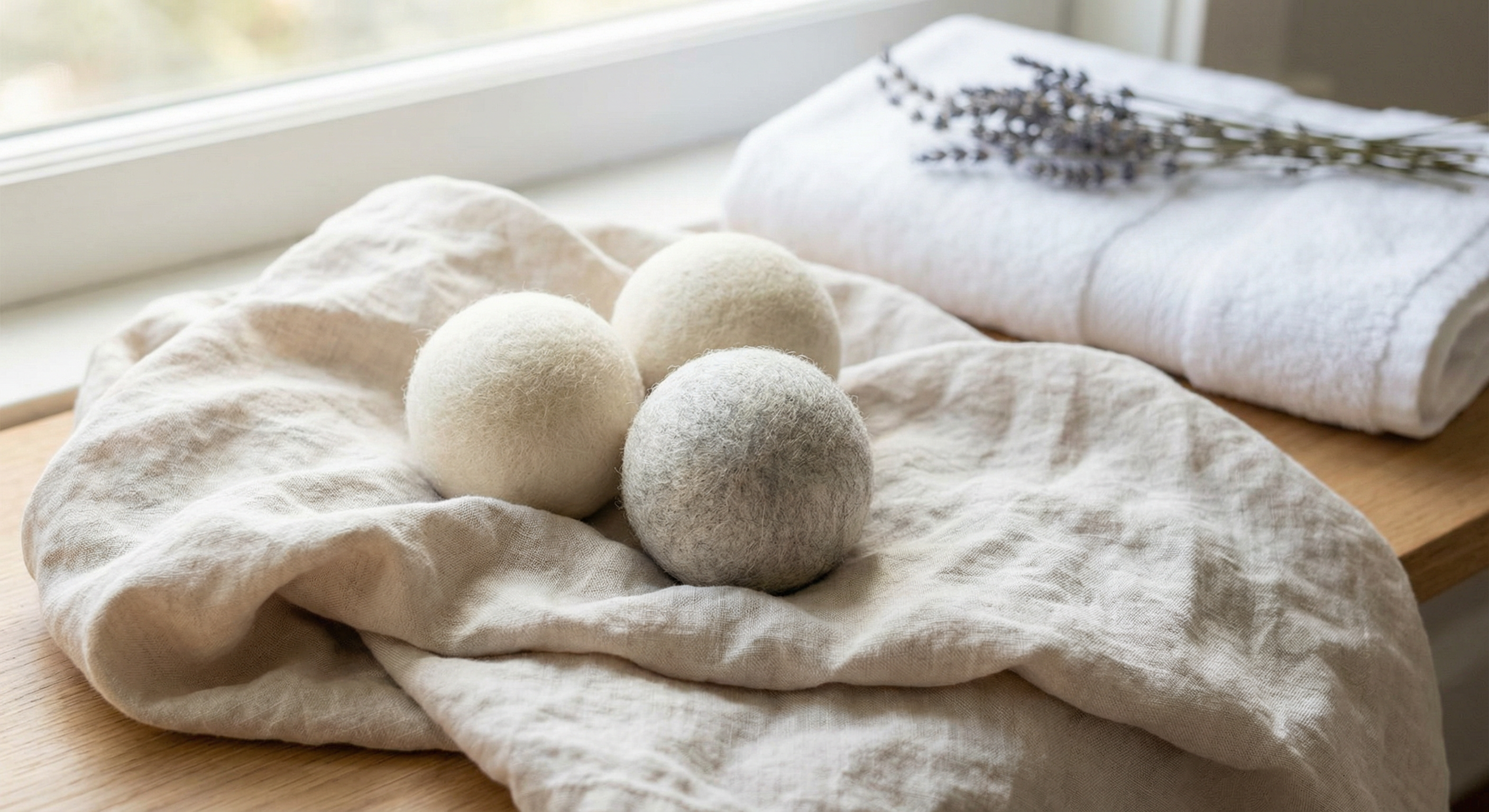 Wool dryer balls on soft pale linen, calm laundry aesthetic